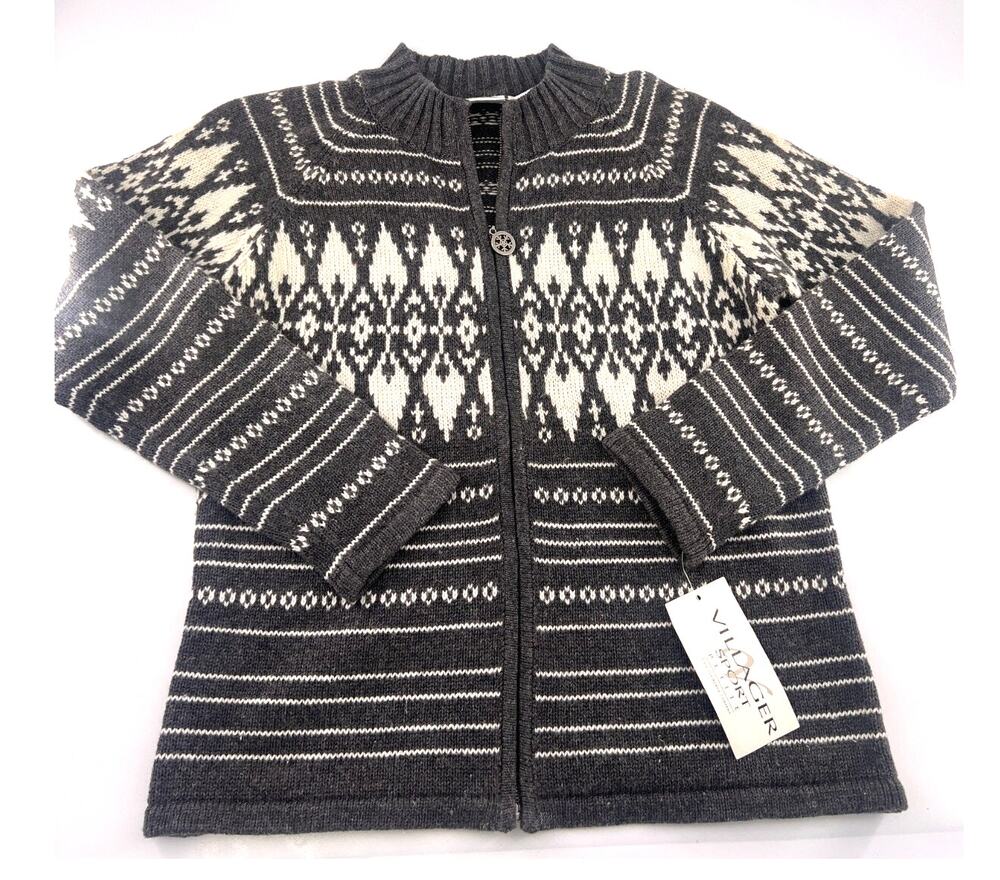 Vintage Villager Sport Sweater Womens Small Petite Gray Cream Cardigan Zip Wool